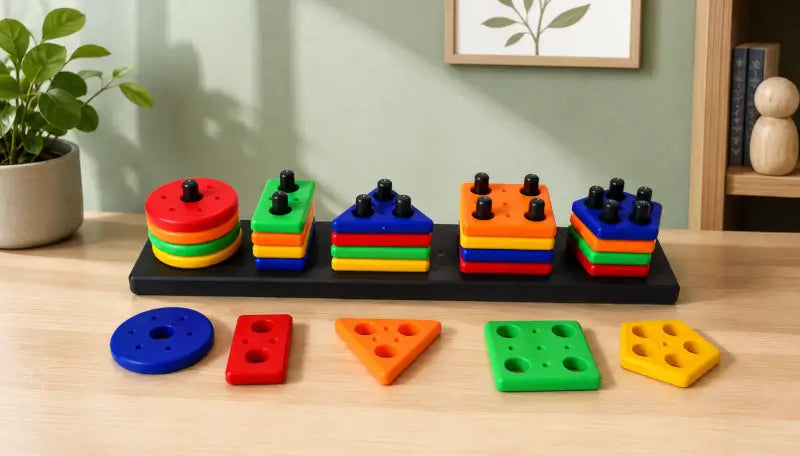 Wooden Geometric Shape Sorter & Stacking Board – Educational Montessori Learning Toy for Kids