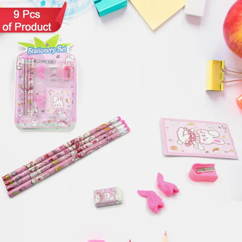 Kids' Stationery Kit: Wooden Pencils, Sharpener, Eraser, Diary (9 Pc Set)