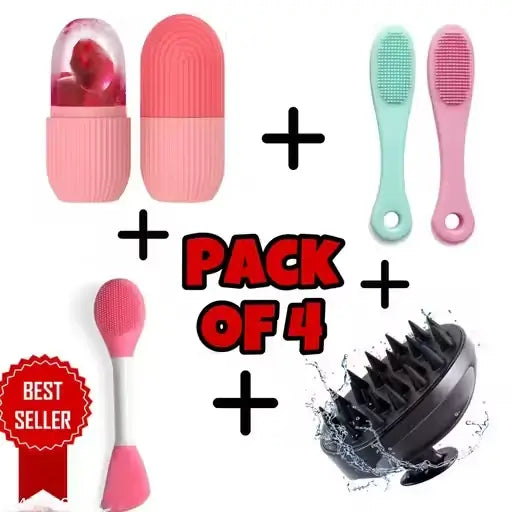 4-in-1 Skincare & Relaxation Kit – Ice Roller, Scalp Massager, Facial Brush & Finger Scrubbers