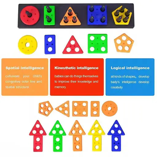 Wooden Geometric Shape Sorter & Stacking Board – Educational Montessori Learning Toy for Kids